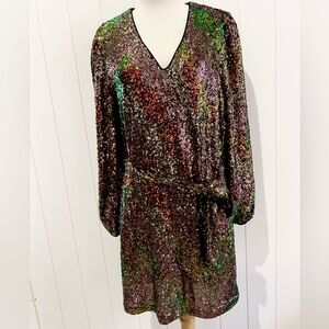 Evereve NWOT Georgia V-Neck Sequin Party Dress with Belt Size M Multicolored